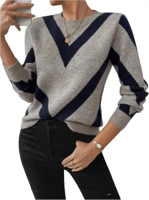 SweatyRocks Women's Patterned Fuzzy Knit Business Sweater Long Sleeve Chunky Loose Fit Pullover Top
