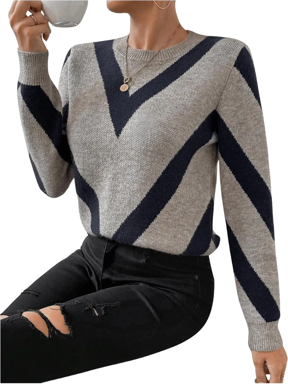 SweatyRocks Women's Patterned Fuzzy Knit Business Sweater Long Sleeve Chunky Loose Fit Pullover Top