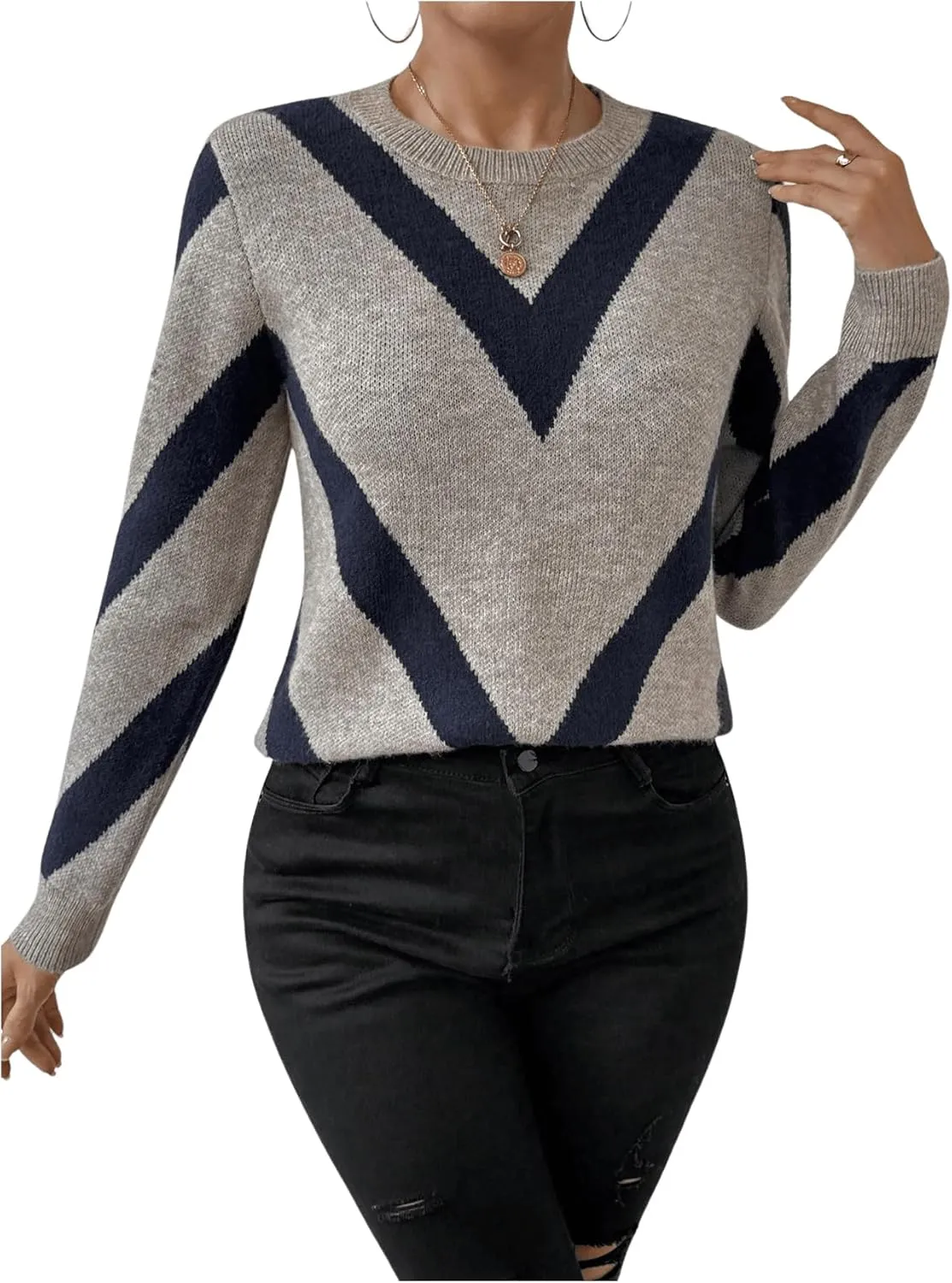 SweatyRocks Women's Patterned Fuzzy Knit Business Sweater Long Sleeve Chunky Loose Fit Pullover Top
