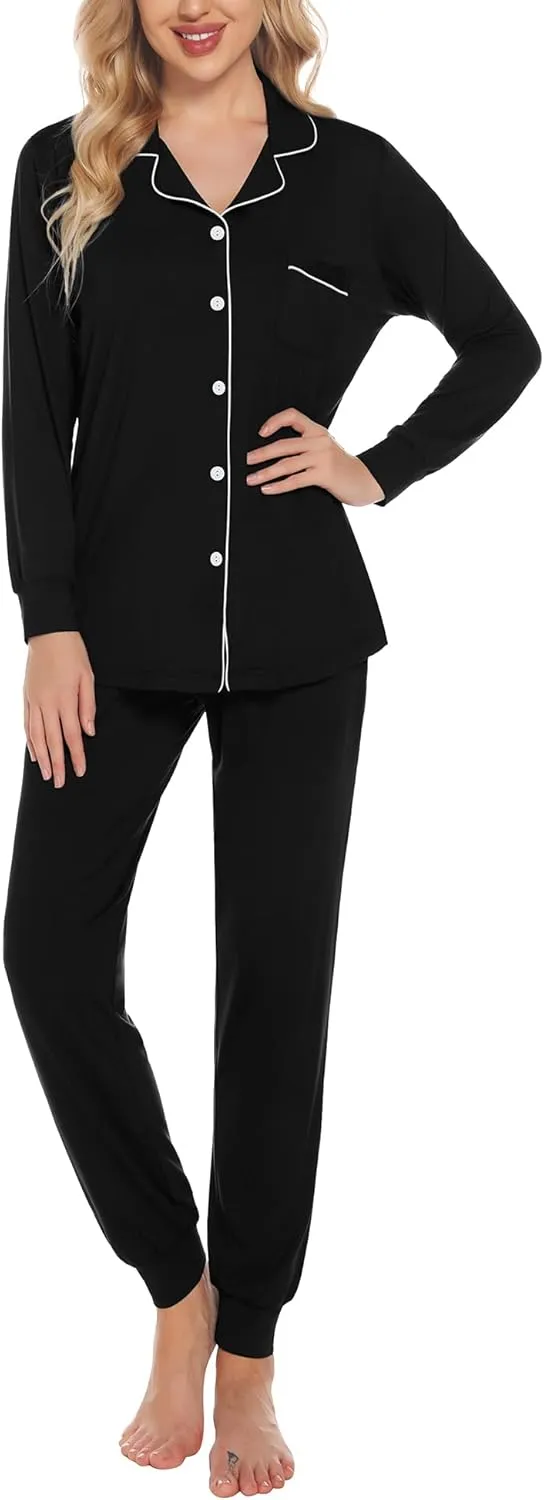 SWOMOG Womens Pajamas Set Long Sleeve Sleepwear Button Down Nightwear Soft Joggers PJs Sets with Pockets Lounge Sets