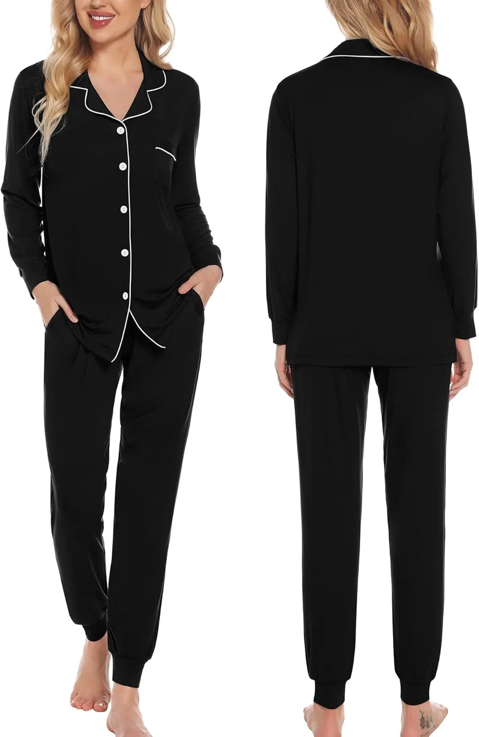 SWOMOG Womens Pajamas Set Long Sleeve Sleepwear Button Down Nightwear Soft Joggers PJs Sets with Pockets Lounge Sets