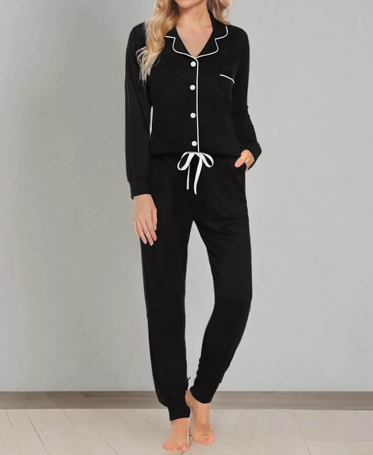 SWOMOG Womens Pajamas Set Long Sleeve Sleepwear Button Down Nightwear Soft Joggers PJs Sets with Pockets Lounge Sets