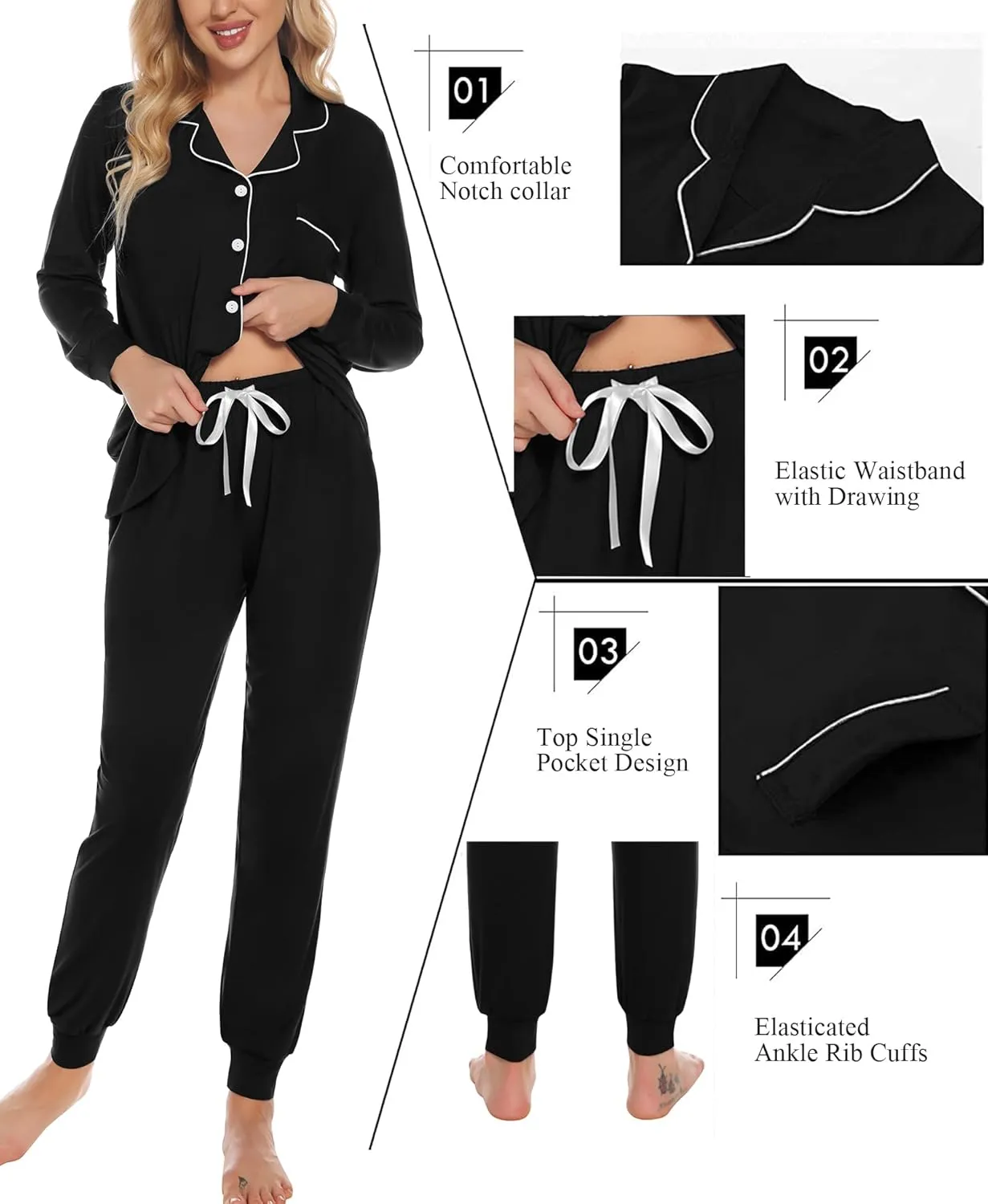 SWOMOG Womens Pajamas Set Long Sleeve Sleepwear Button Down Nightwear Soft Joggers PJs Sets with Pockets Lounge Sets