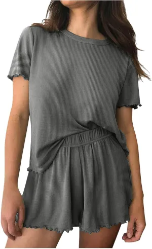 TANGNADE Womens Pajamas Short Set 2 Piece Ribbed Knit Pjs Short Sleeve Sleepwear Set Summer Casual Lounge Sets
