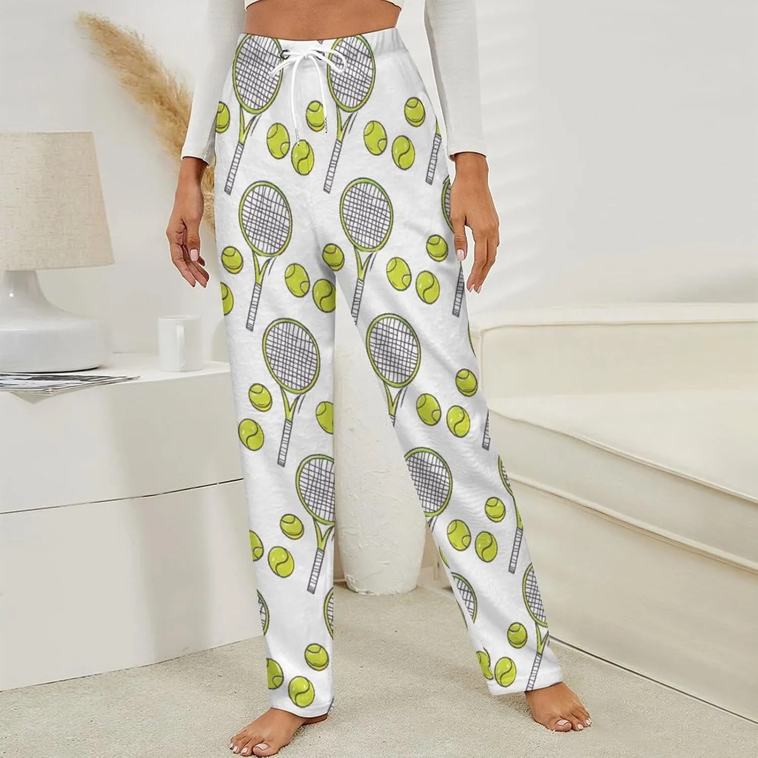 Tennis Pattern Women's Pajama Pants Fleece Warm Pj Bottoms Sleepwear Lounge Pants Loungewear