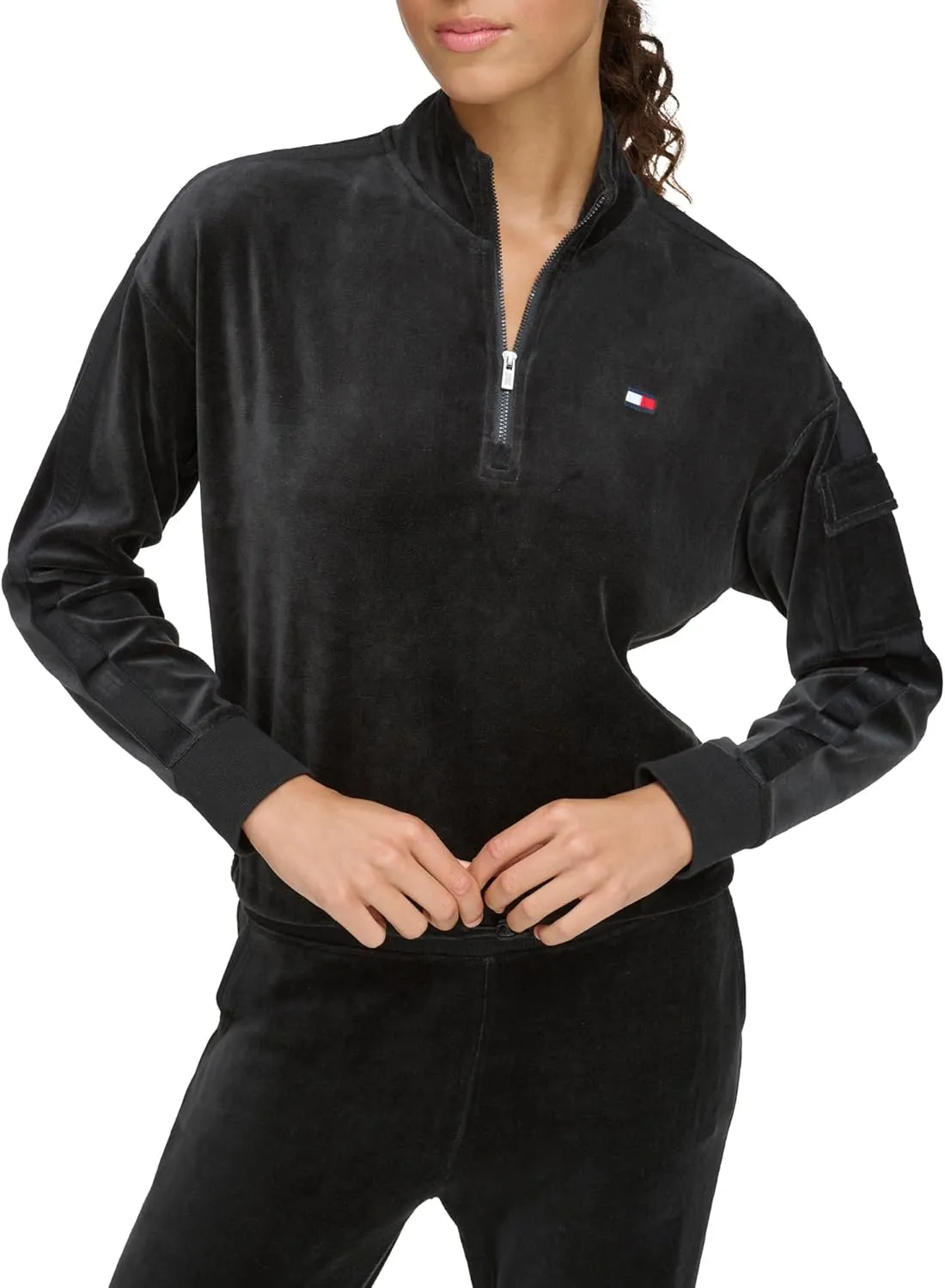 Tommy Hilfiger Women's Debossed Logo Taping Cropped Velour Half Zip Pullover