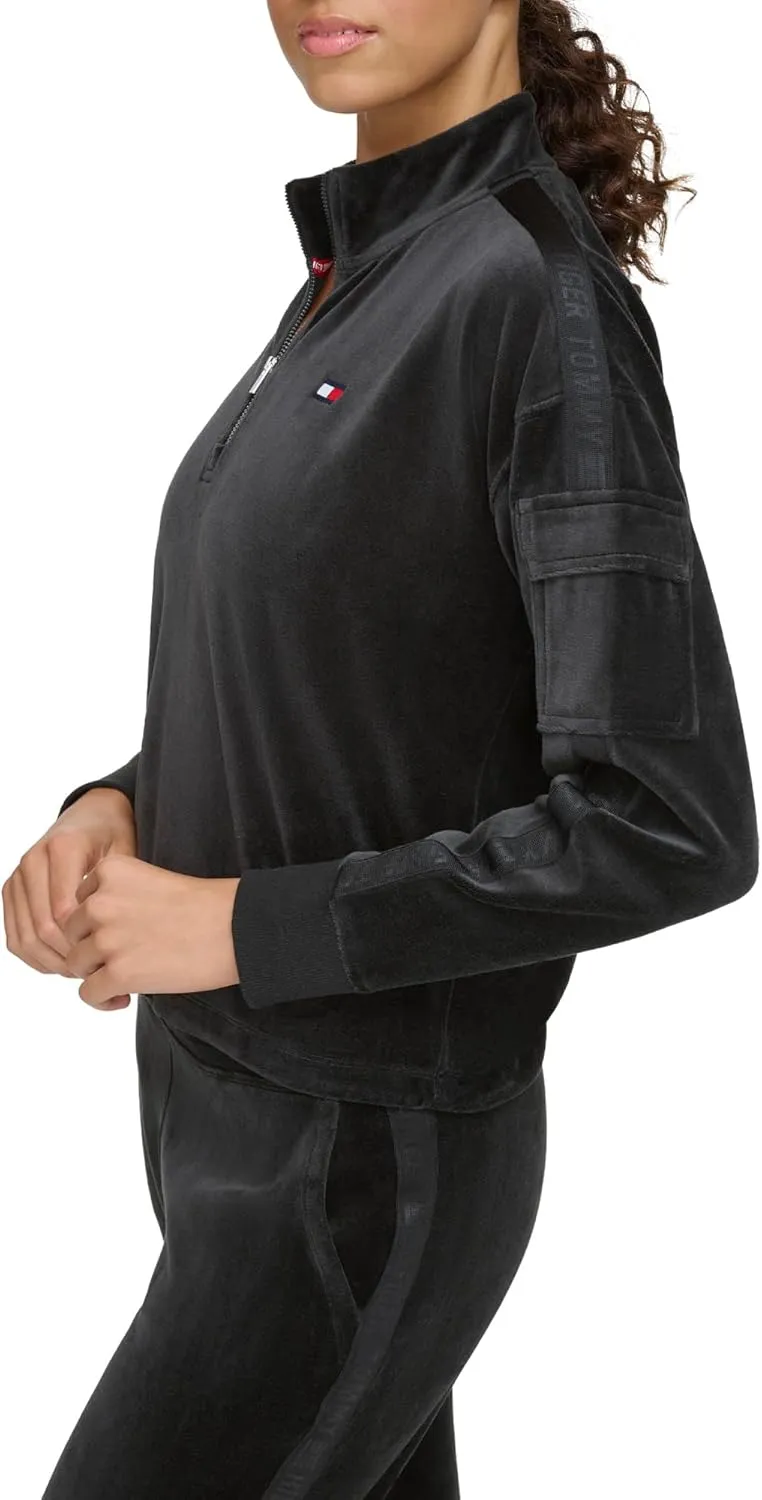 Tommy Hilfiger Women's Debossed Logo Taping Cropped Velour Half Zip Pullover