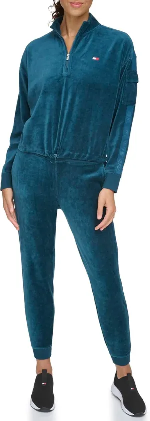 Tommy Hilfiger Women's Debossed Logo Taping Cropped Velour Half Zip Pullover