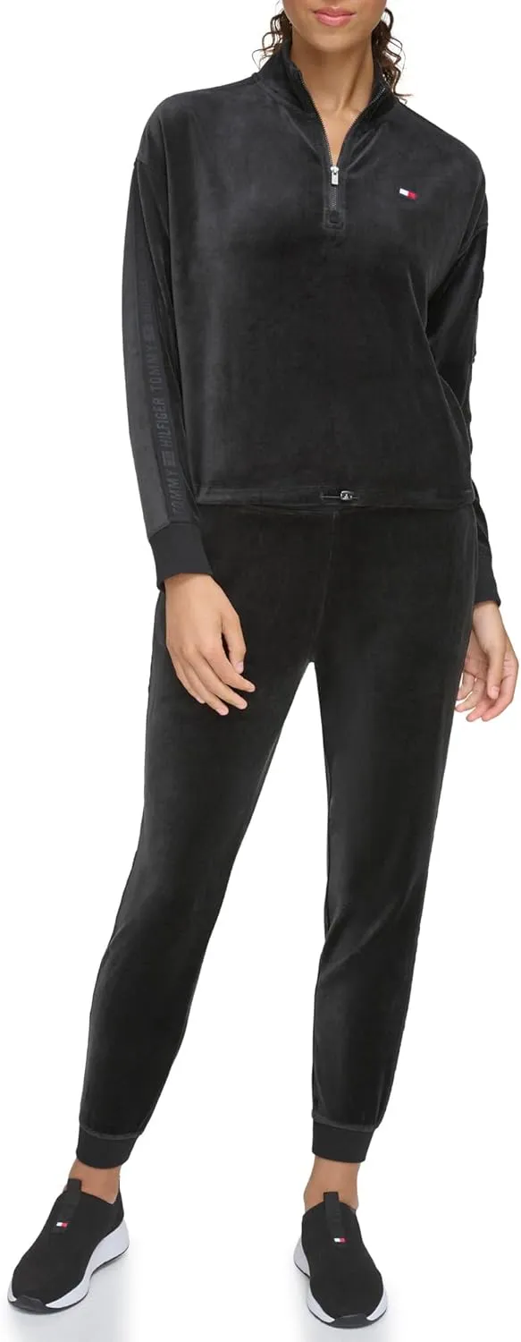Tommy Hilfiger Women's Debossed Logo Taping Cropped Velour Half Zip Pullover