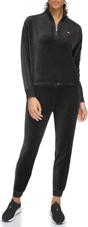 Tommy Hilfiger Women's Debossed Logo Taping Cropped Velour Half Zip Pullover