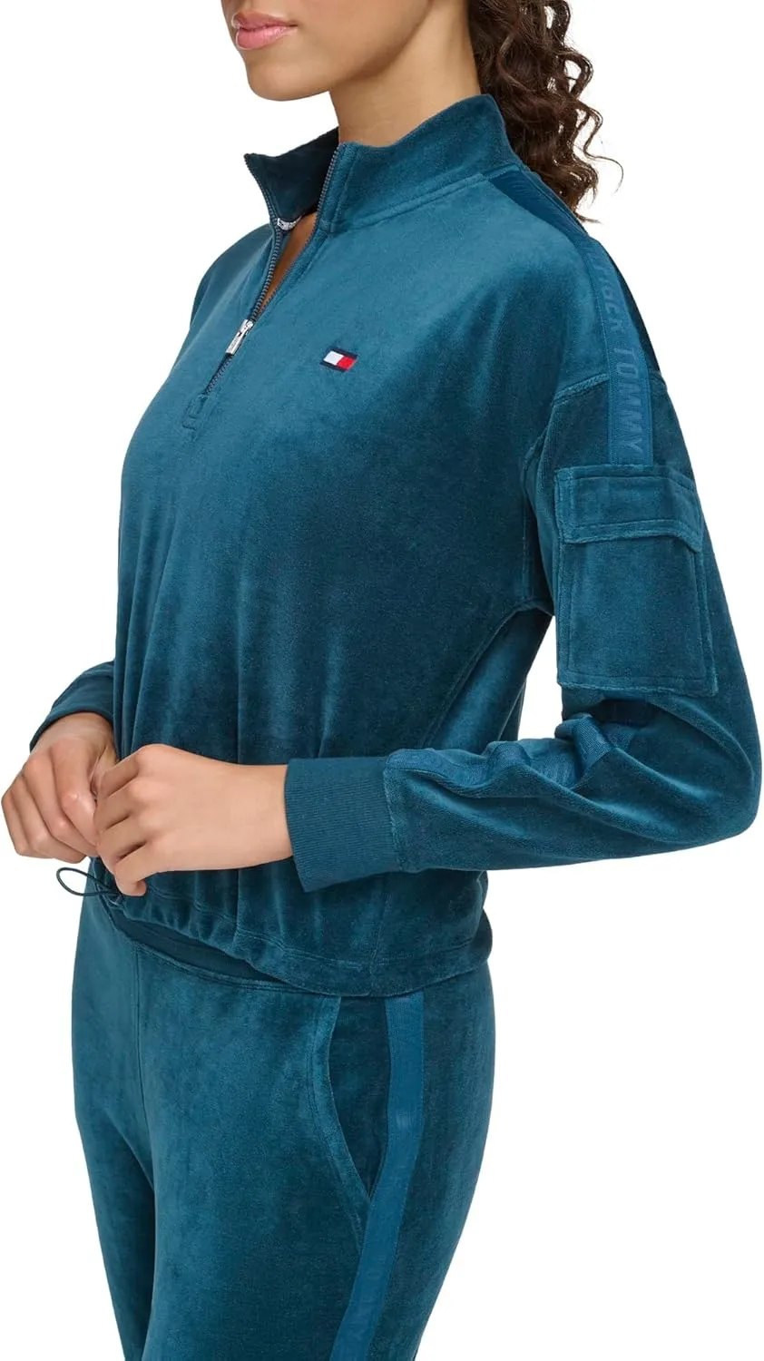 Tommy Hilfiger Women's Debossed Logo Taping Cropped Velour Half Zip Pullover
