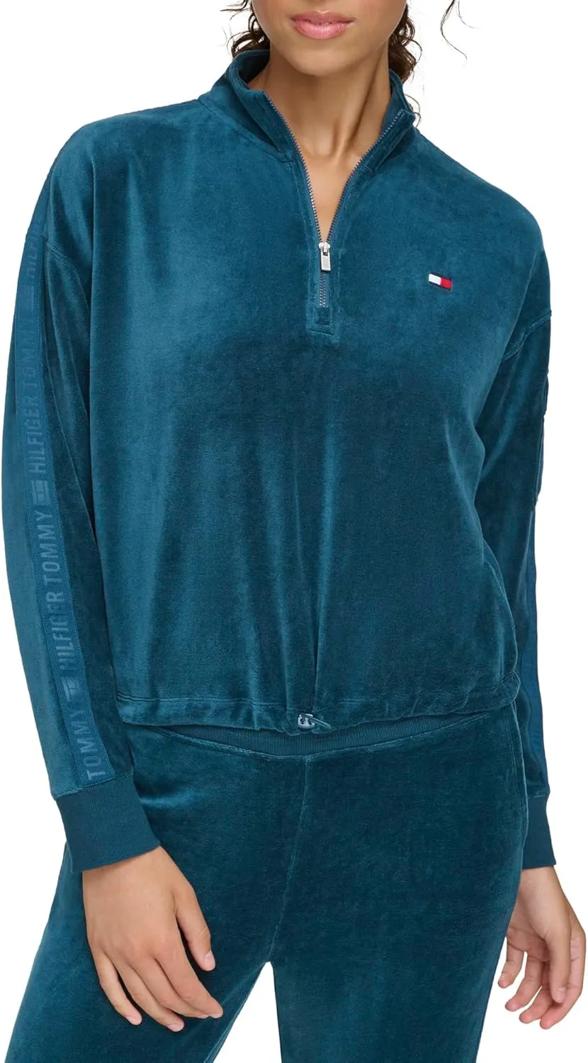Tommy Hilfiger Women's Debossed Logo Taping Cropped Velour Half Zip Pullover