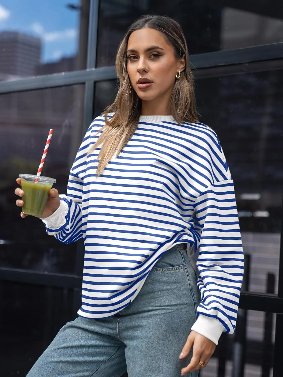 Trendy Queen Women's Oversized Crewneck Striped Sweatshirt
