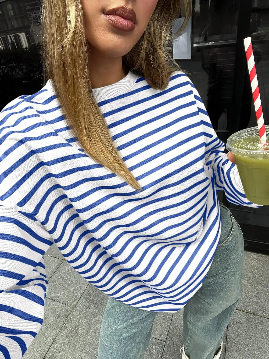 Trendy Queen Women's Oversized Crewneck Striped Sweatshirt