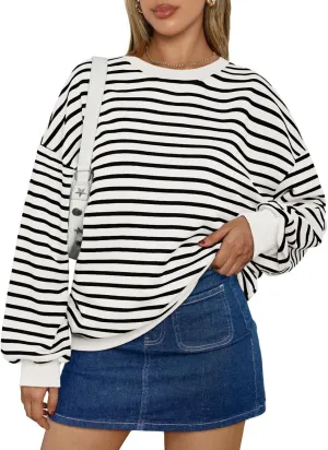 Trendy Queen Women's Oversized Crewneck Striped Sweatshirt