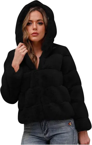 tuduoms Womens Faux Fur Hoodie Casual Fashion Sherpa Hooded Cropped Jacket Warm Winter Fuzzy Shaggy Fleece Teddy Coat Outwear