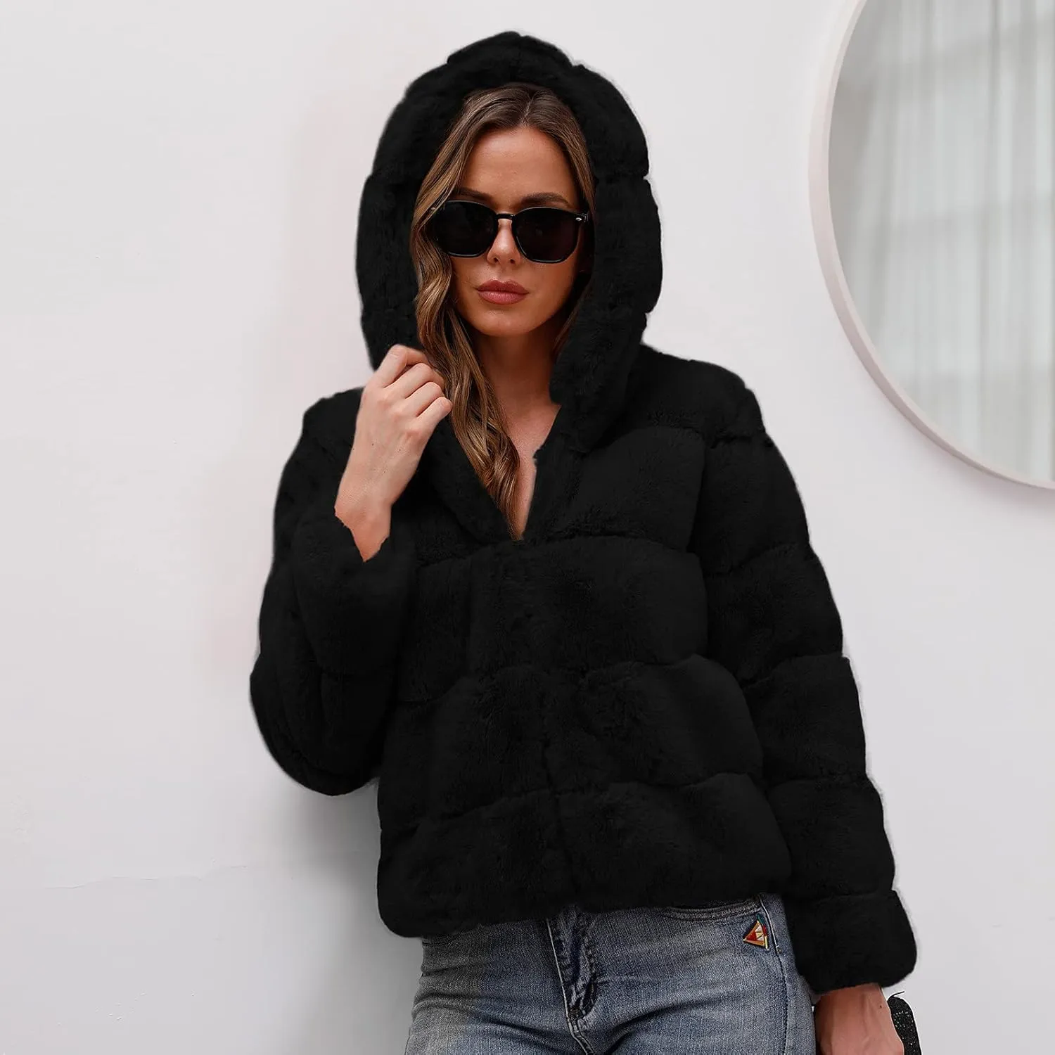 tuduoms Womens Faux Fur Hoodie Casual Fashion Sherpa Hooded Cropped Jacket Warm Winter Fuzzy Shaggy Fleece Teddy Coat Outwear