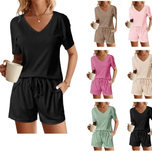 Two Piece Pajama Set for Women Shorts Ribbed Knit Lounge Sets V Neck Sleepwear Loose Soft Drawstring with Pocket 2025