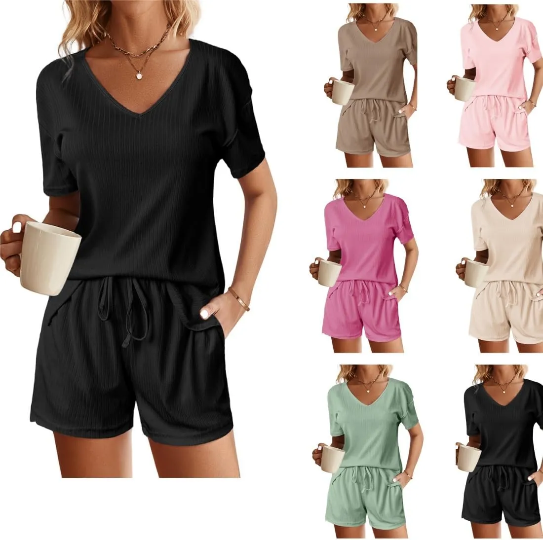 Two Piece Pajama Set for Women Shorts Ribbed Knit Lounge Sets V Neck Sleepwear Loose Soft Drawstring with Pocket 2025