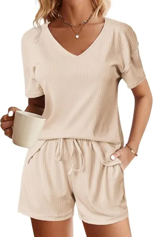 Two Piece Pajama Set for Women Shorts Ribbed Knit Lounge Sets V Neck Sleepwear Loose Soft Drawstring with Pocket 2025