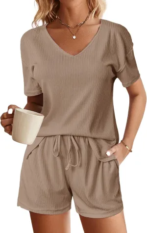 Two Piece Pajama Set for Women Shorts Ribbed Knit Lounge Sets V Neck Sleepwear Loose Soft Drawstring with Pocket 2025