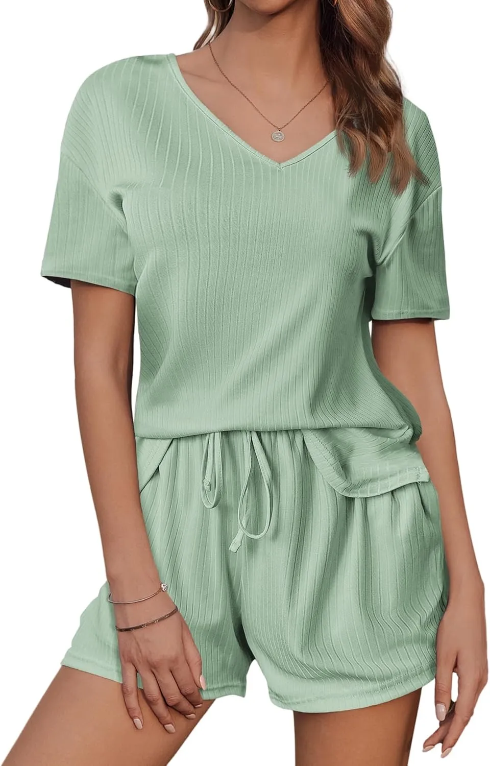Two Piece Pajama Set for Women Shorts Ribbed Knit Lounge Sets V Neck Sleepwear Loose Soft Drawstring with Pocket 2025