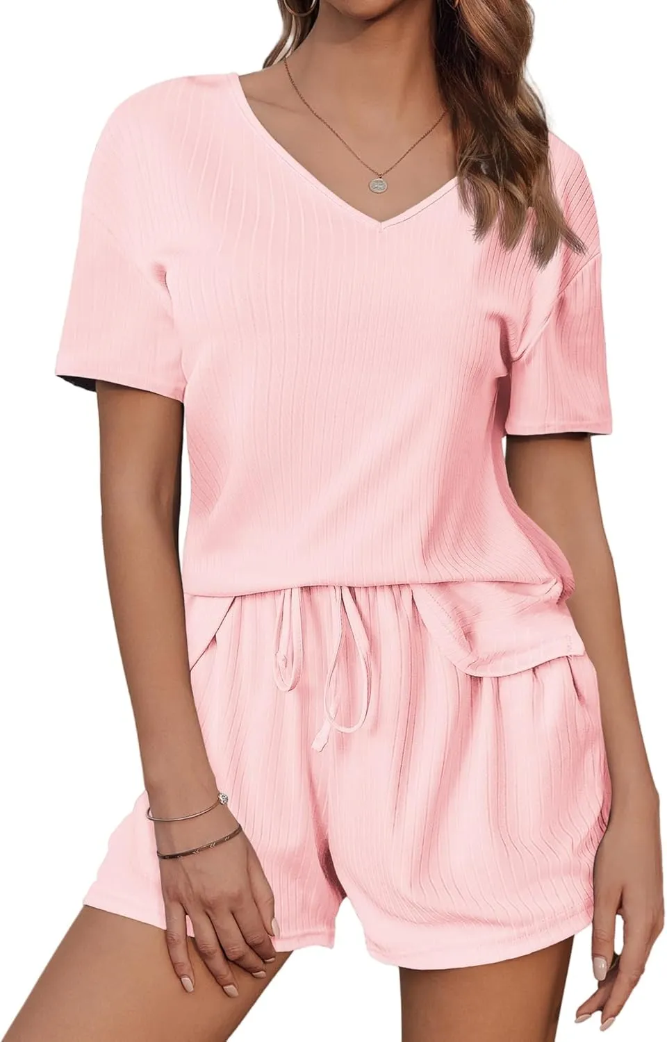 Two Piece Pajama Set for Women Shorts Ribbed Knit Lounge Sets V Neck Sleepwear Loose Soft Drawstring with Pocket 2025
