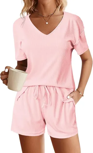 Two Piece Pajama Set for Women Shorts Ribbed Knit Lounge Sets V Neck Sleepwear Loose Soft Drawstring with Pocket 2025