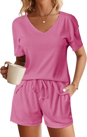 Two Piece Pajama Set for Women Shorts Ribbed Knit Lounge Sets V Neck Sleepwear Loose Soft Drawstring with Pocket 2025