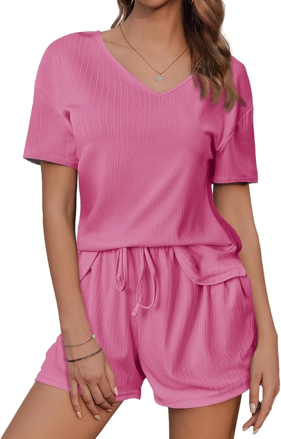 Two Piece Pajama Set for Women Shorts Ribbed Knit Lounge Sets V Neck Sleepwear Loose Soft Drawstring with Pocket 2025