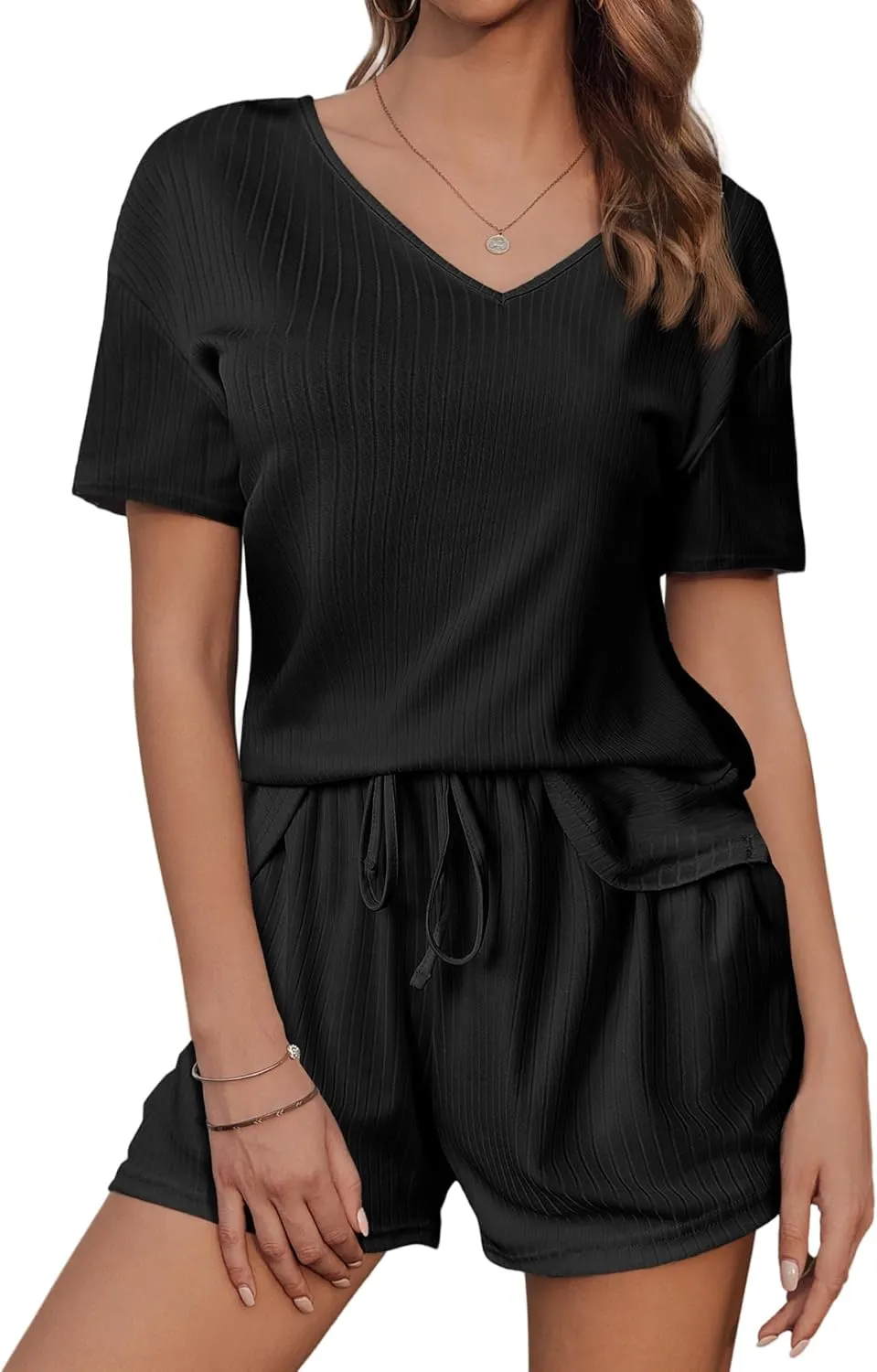 Two Piece Pajama Set for Women Shorts Ribbed Knit Lounge Sets V Neck Sleepwear Loose Soft Drawstring with Pocket 2025