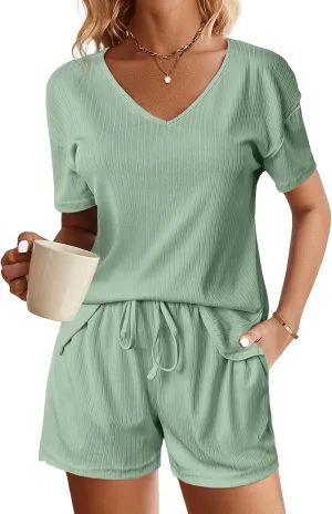 Two Piece Pajama Set for Women Shorts Ribbed Knit Lounge Sets V Neck Sleepwear Loose Soft Drawstring with Pocket 2025