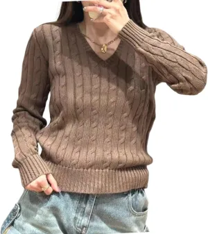 V Neck Sweater Pullover Knit Sweater Y2k Women Cable Knit Sweaters Oversized Preppy Sweater