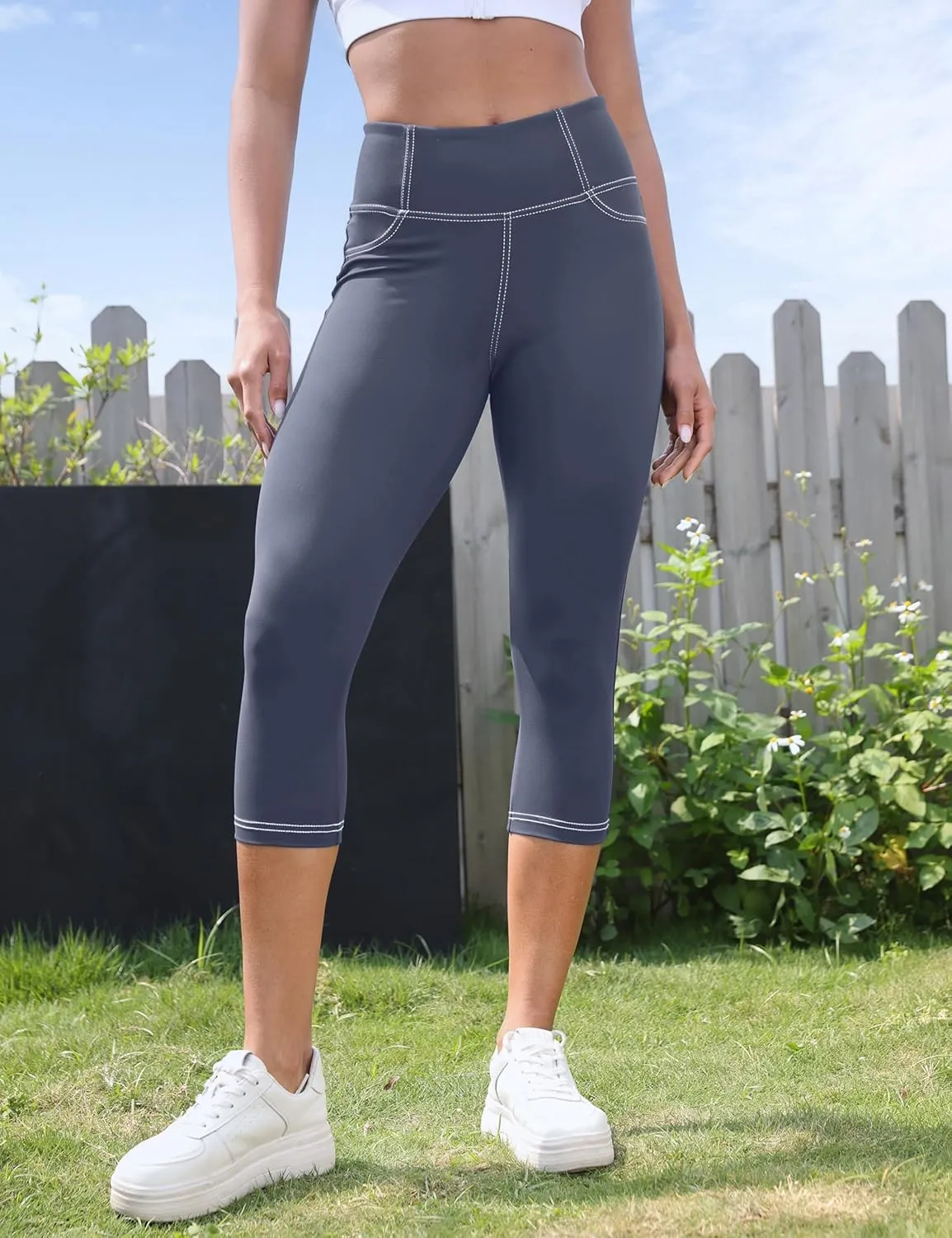 VOOVEEYA Capri Leggings for Women, High Waisted Yoga Pants with Back Pockets Crop Workout Capris Pants