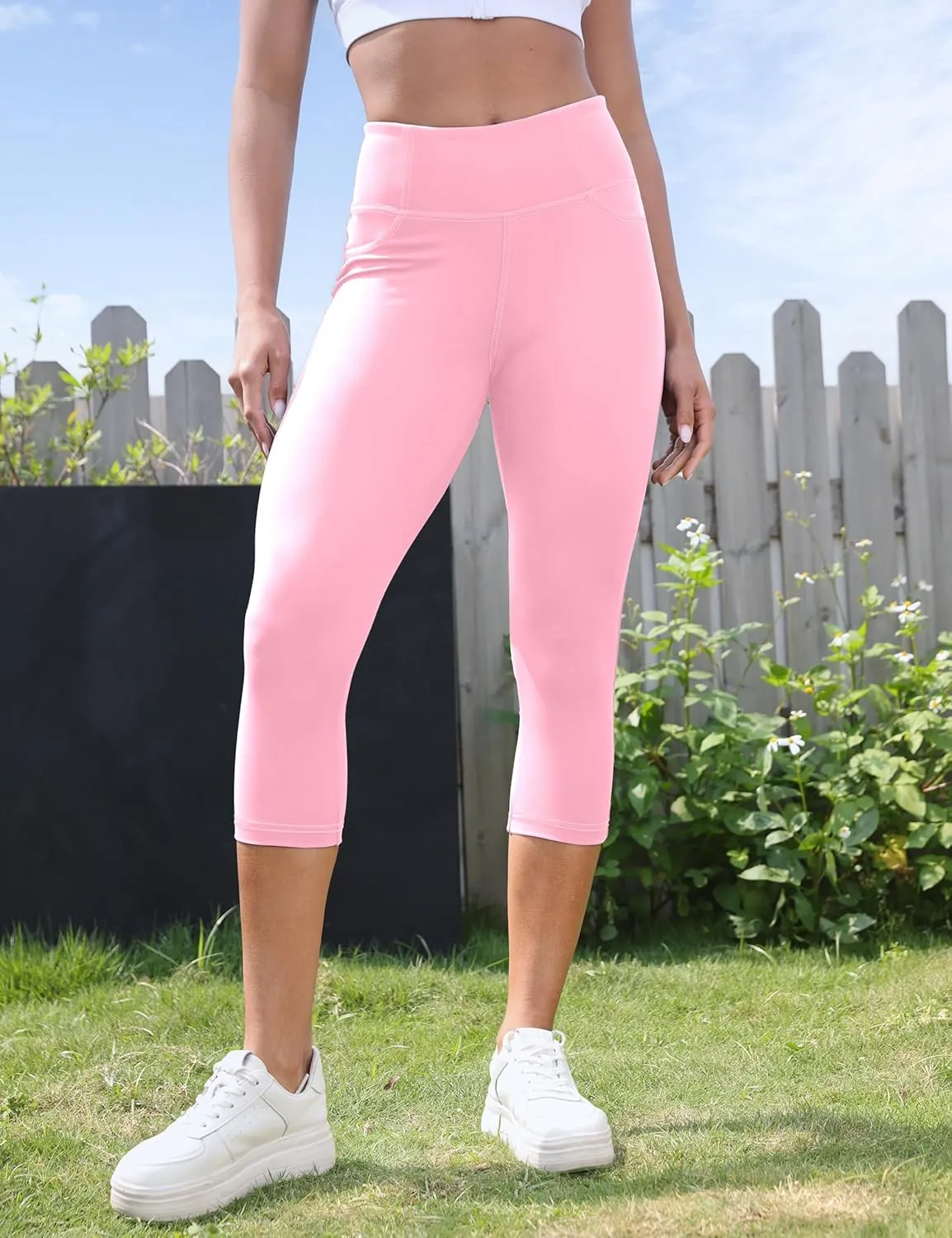 VOOVEEYA Capri Leggings for Women, High Waisted Yoga Pants with Back Pockets Crop Workout Capris Pants