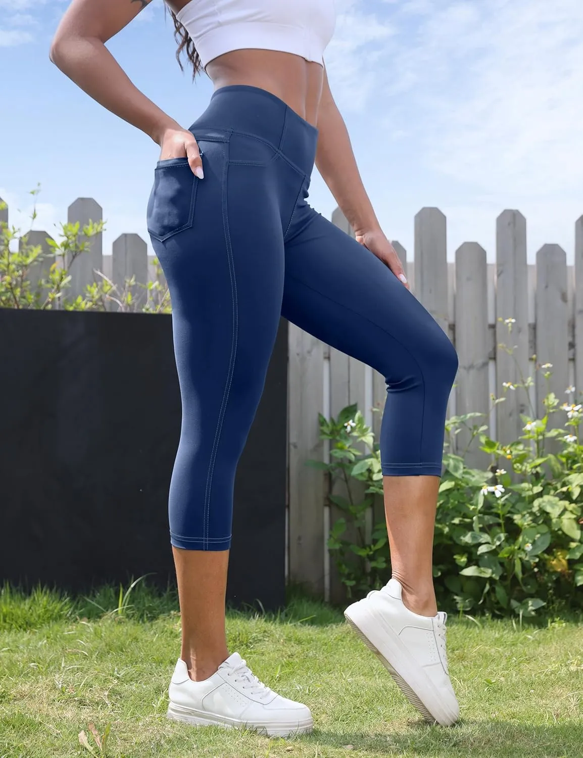 VOOVEEYA Capri Leggings for Women, High Waisted Yoga Pants with Back Pockets Crop Workout Capris Pants