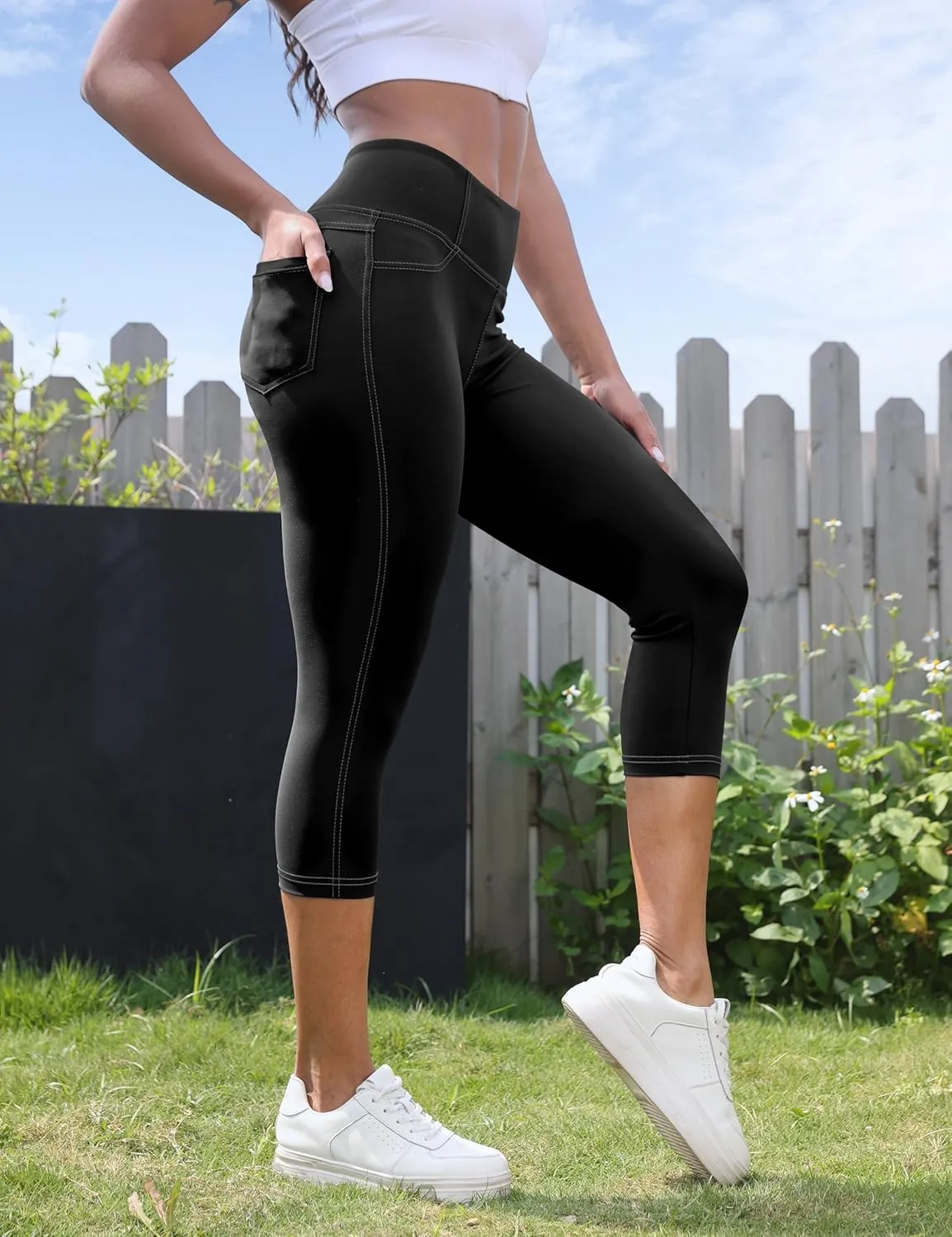 VOOVEEYA Capri Leggings for Women, High Waisted Yoga Pants with Back Pockets Crop Workout Capris Pants