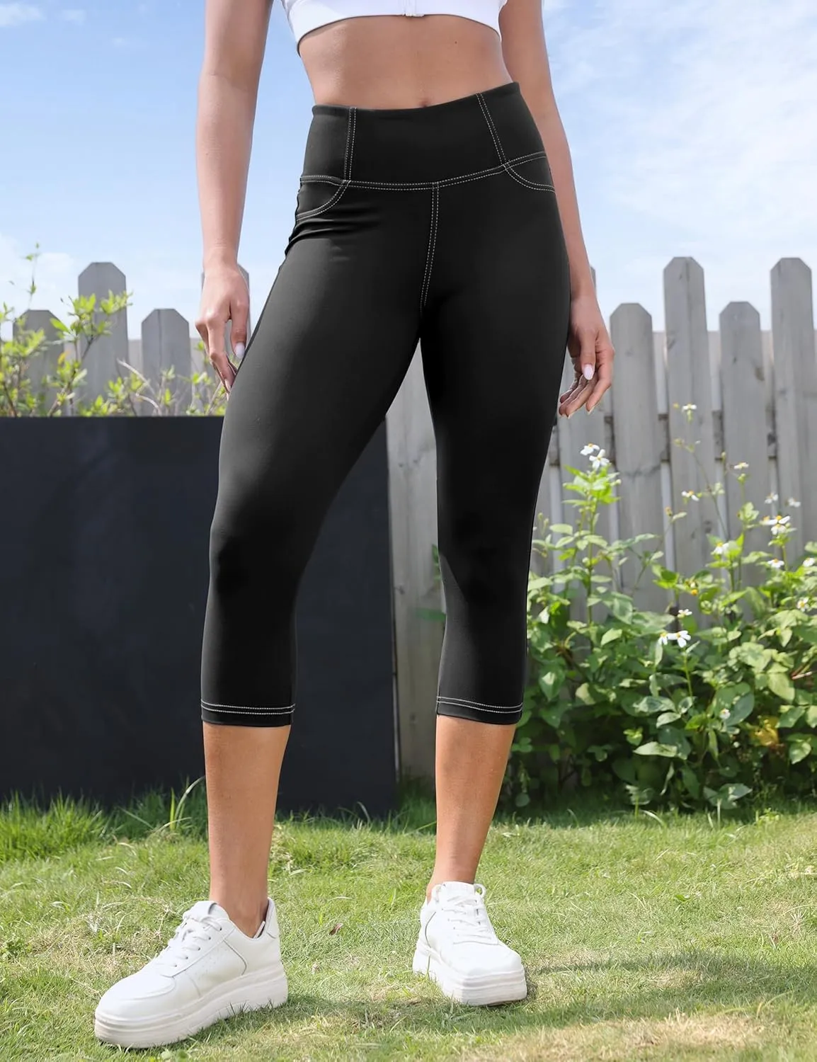 VOOVEEYA Capri Leggings for Women, High Waisted Yoga Pants with Back Pockets Crop Workout Capris Pants