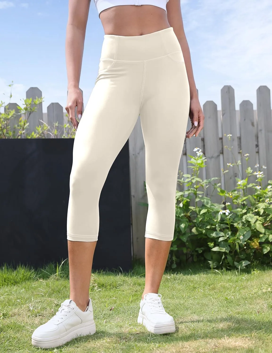 VOOVEEYA Capri Leggings for Women, High Waisted Yoga Pants with Back Pockets Crop Workout Capris Pants