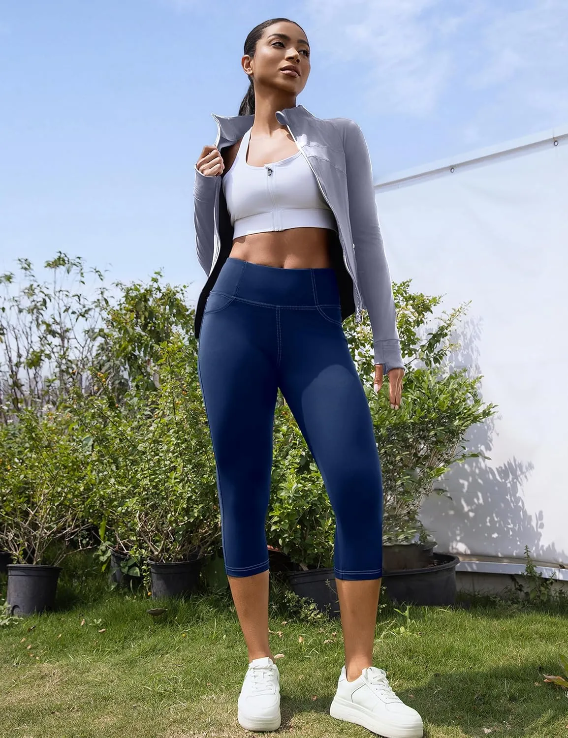 VOOVEEYA Capri Leggings for Women, High Waisted Yoga Pants with Back Pockets Crop Workout Capris Pants
