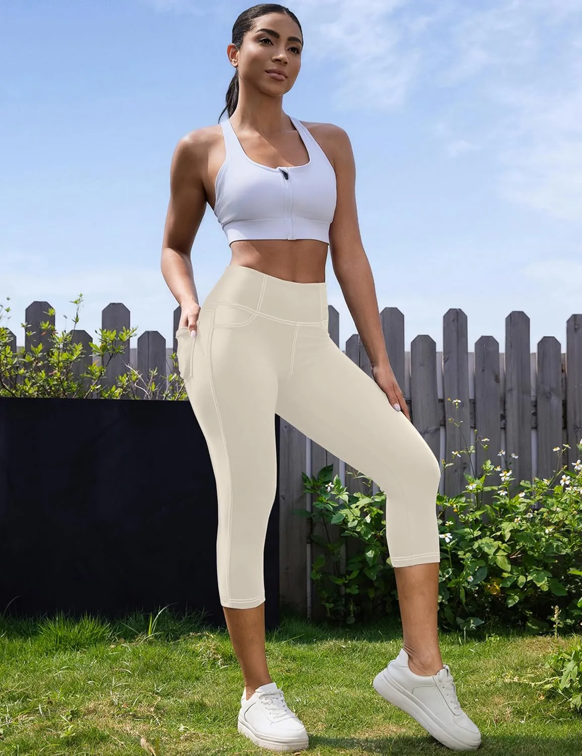 VOOVEEYA Capri Leggings for Women, High Waisted Yoga Pants with Back Pockets Crop Workout Capris Pants