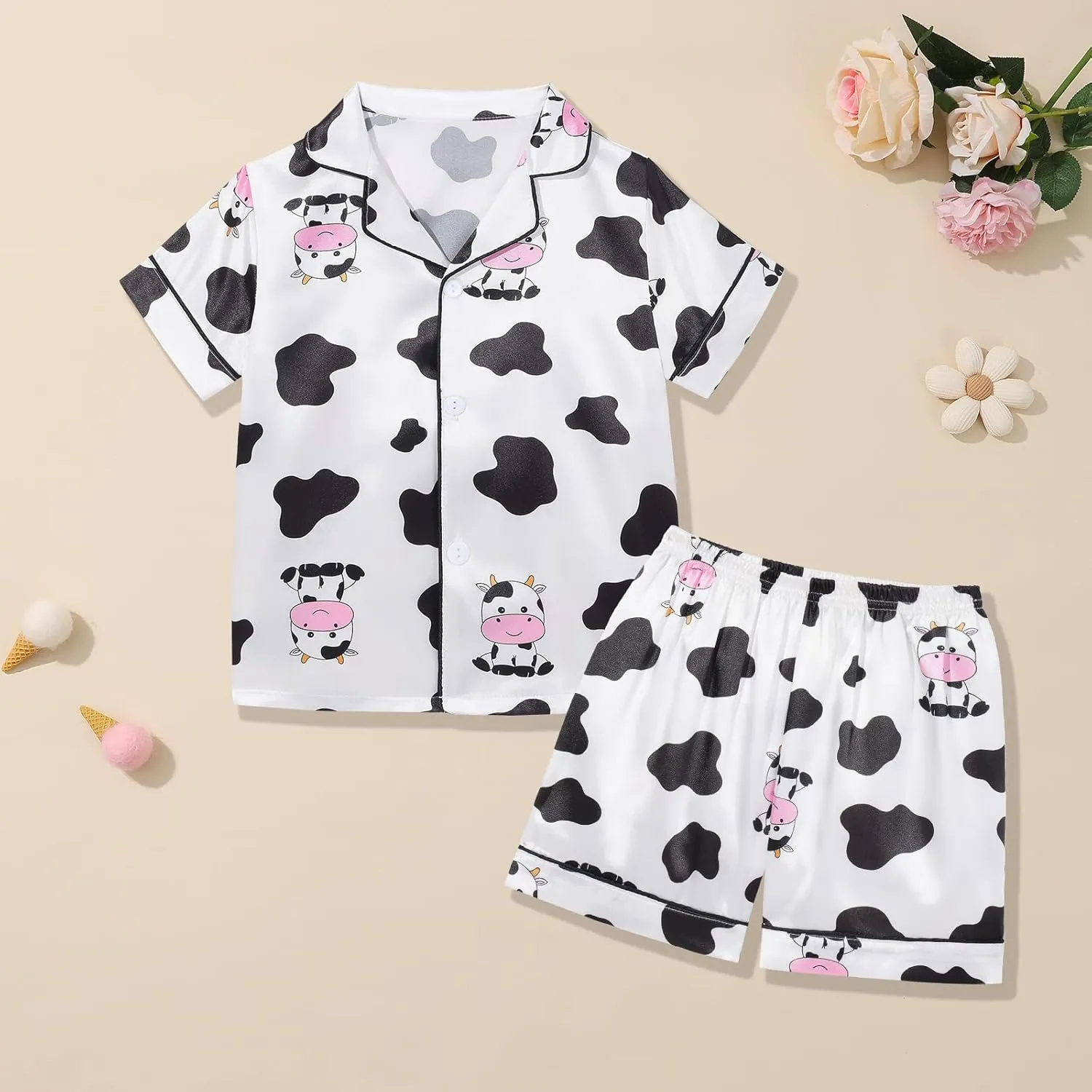 Weixinbuy Toddler Silk Pajamas Short Sleeve Button-Up Summer Pjs for Girls Boys Satin Pajama Sleepwear Set 2-7 Years