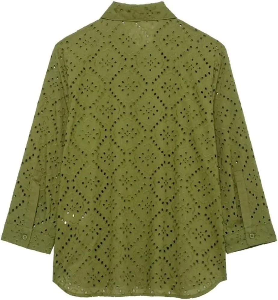 Woman Hollow Embroidered Shirt Slim Long Sleeve Blouses