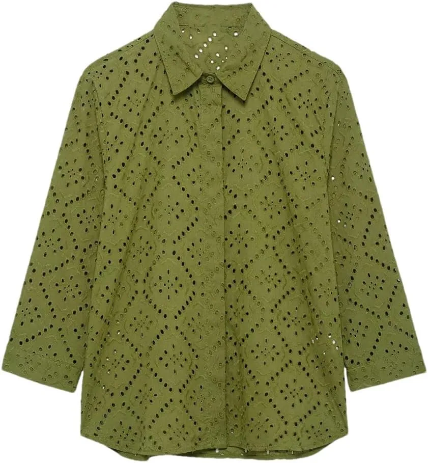 Woman Hollow Embroidered Shirt Slim Long Sleeve Blouses