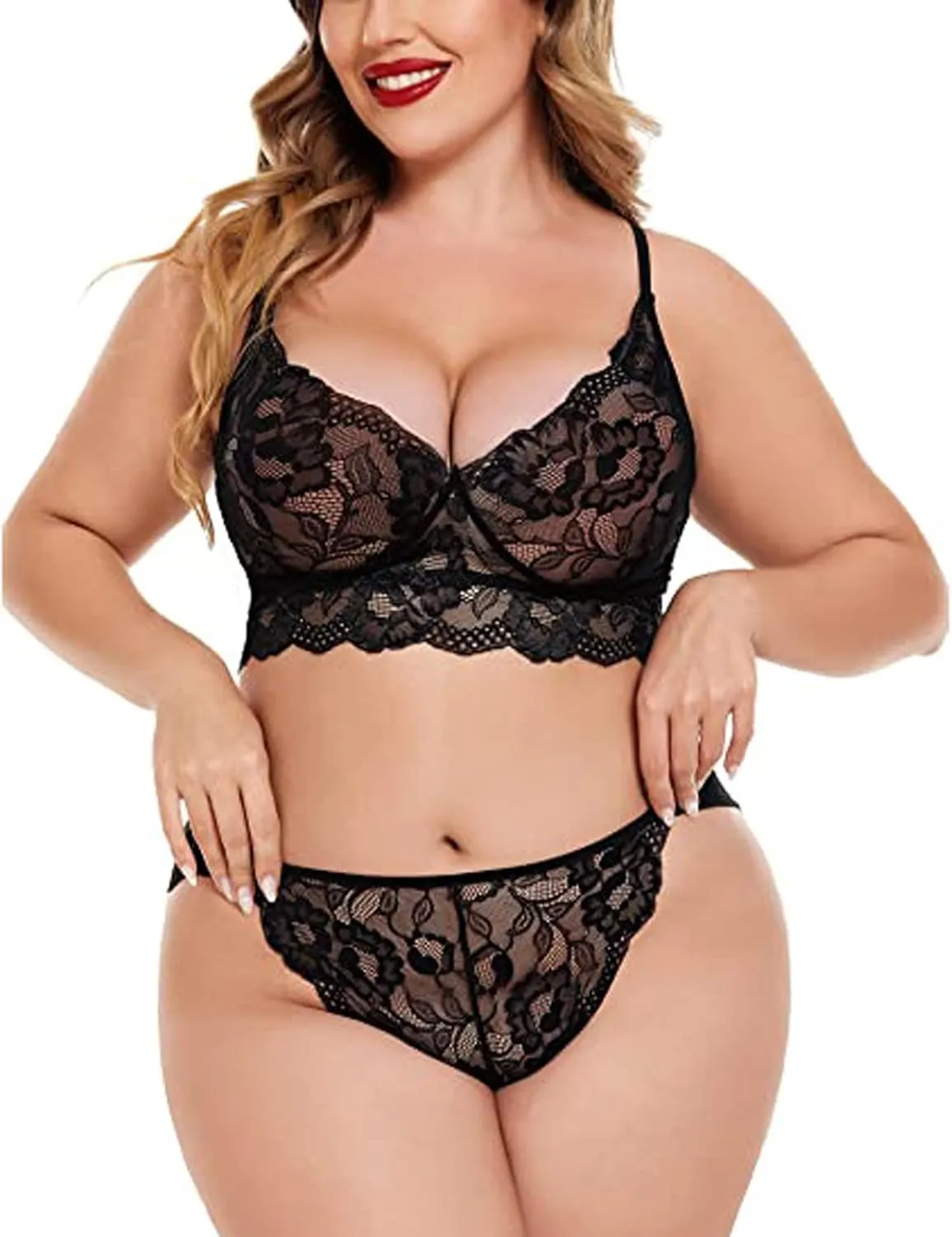 Women 2 Piece Lingerie Sexy Floral Lace Scallop Trim Bralette and High Waist Panty Set Solid Pajamas Chemise