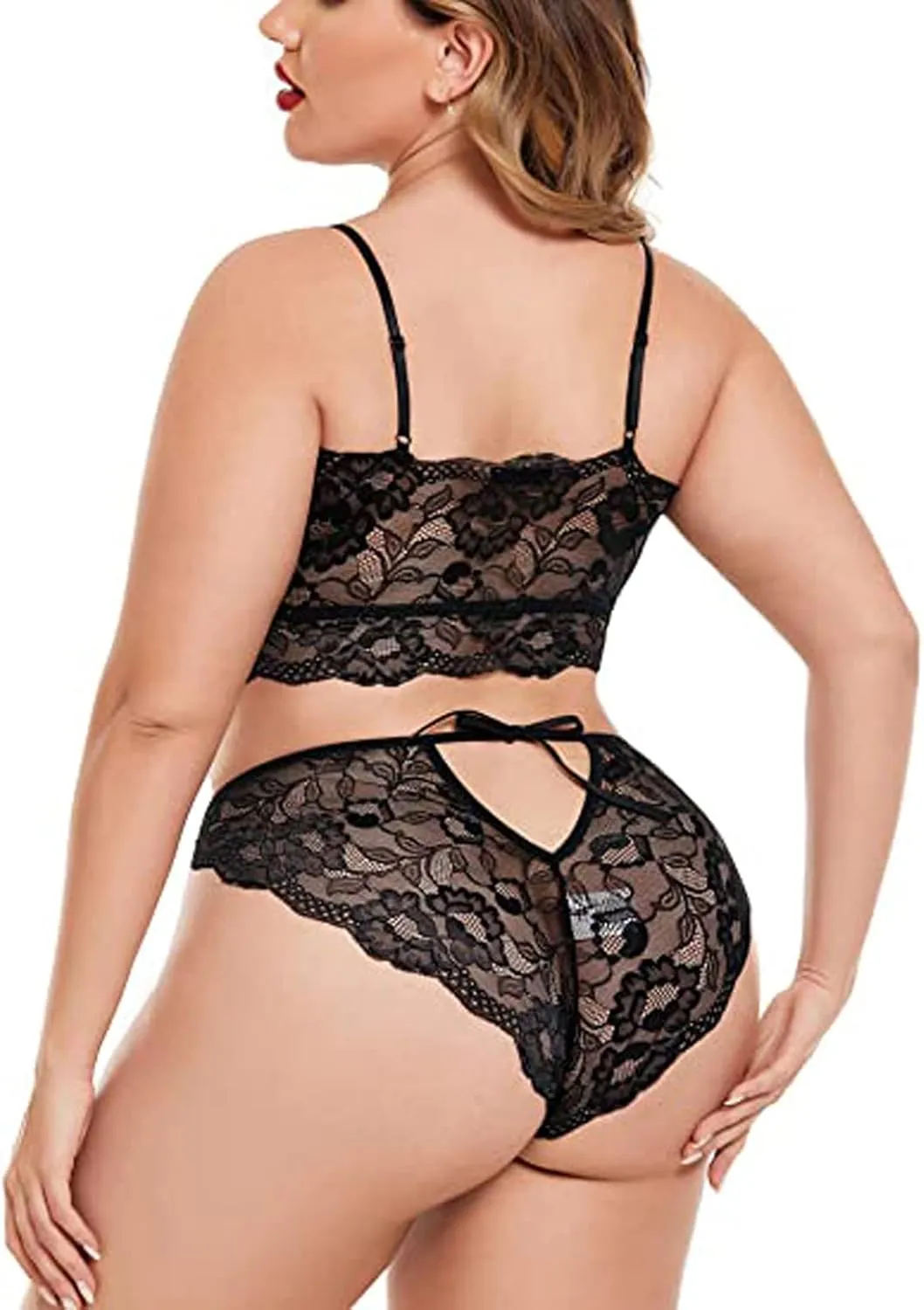 Women 2 Piece Lingerie Sexy Floral Lace Scallop Trim Bralette and High Waist Panty Set Solid Pajamas Chemise
