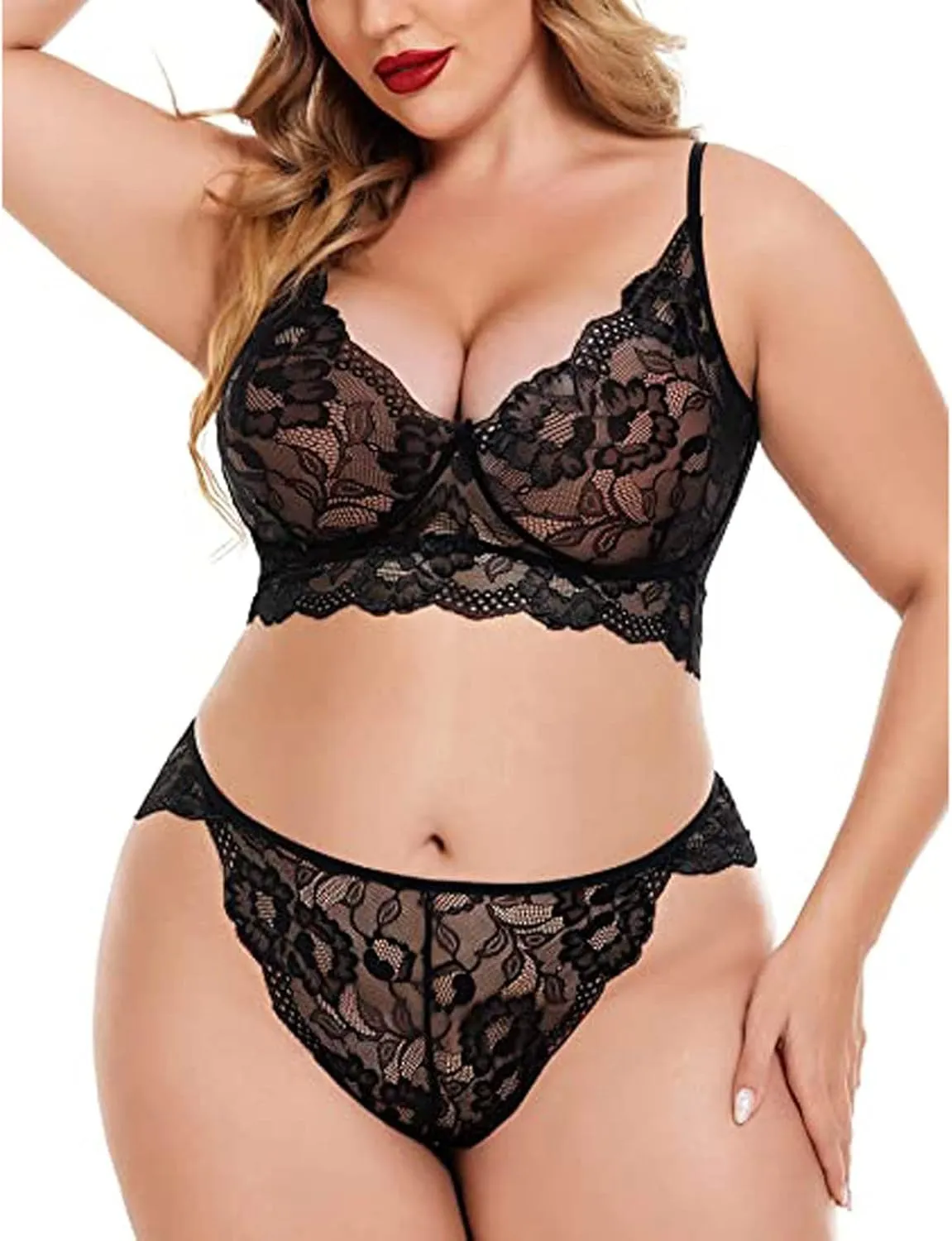 Women 2 Piece Lingerie Sexy Floral Lace Scallop Trim Bralette and High Waist Panty Set Solid Pajamas Chemise