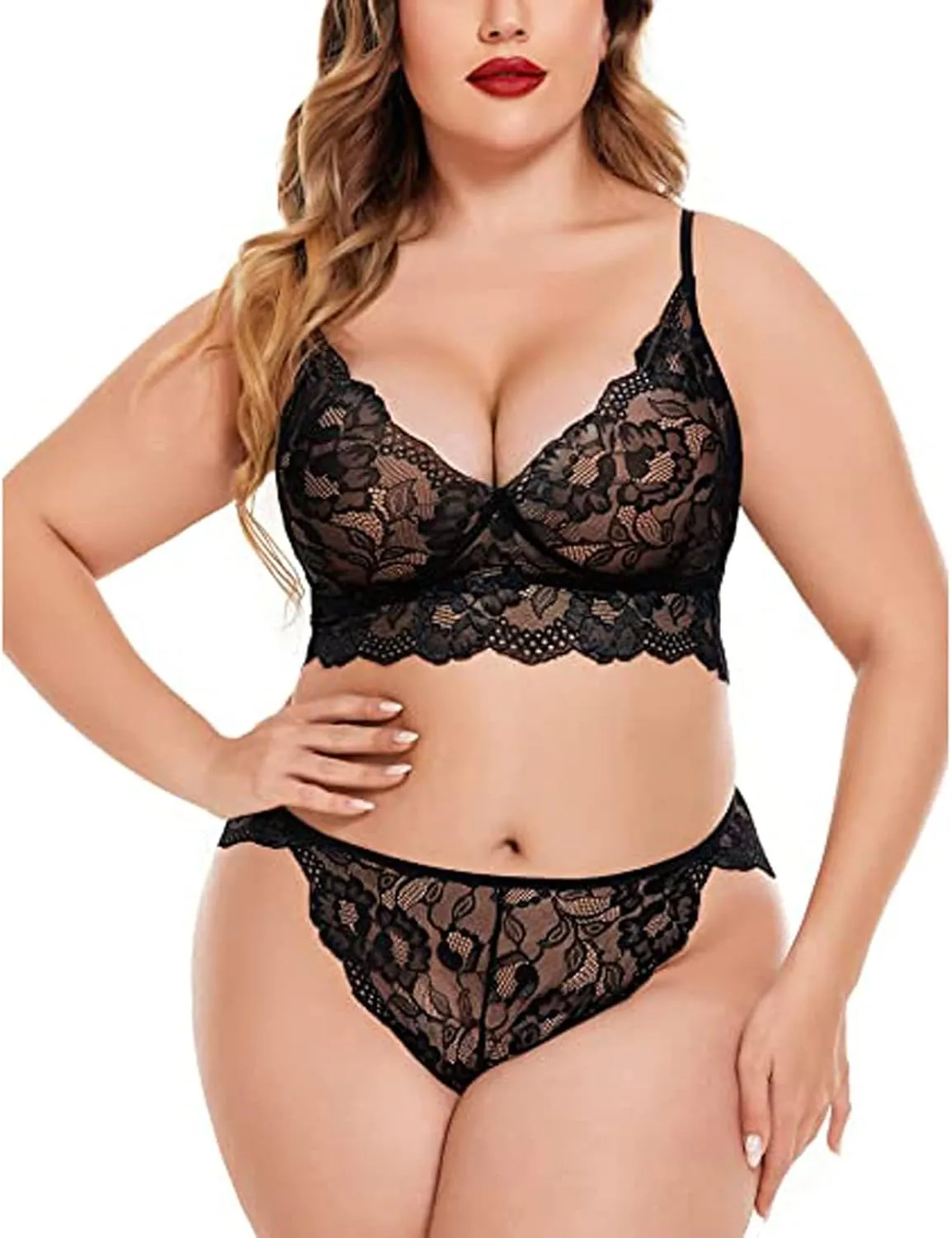 Women 2 Piece Lingerie Sexy Floral Lace Scallop Trim Bralette and High Waist Panty Set Solid Pajamas Chemise