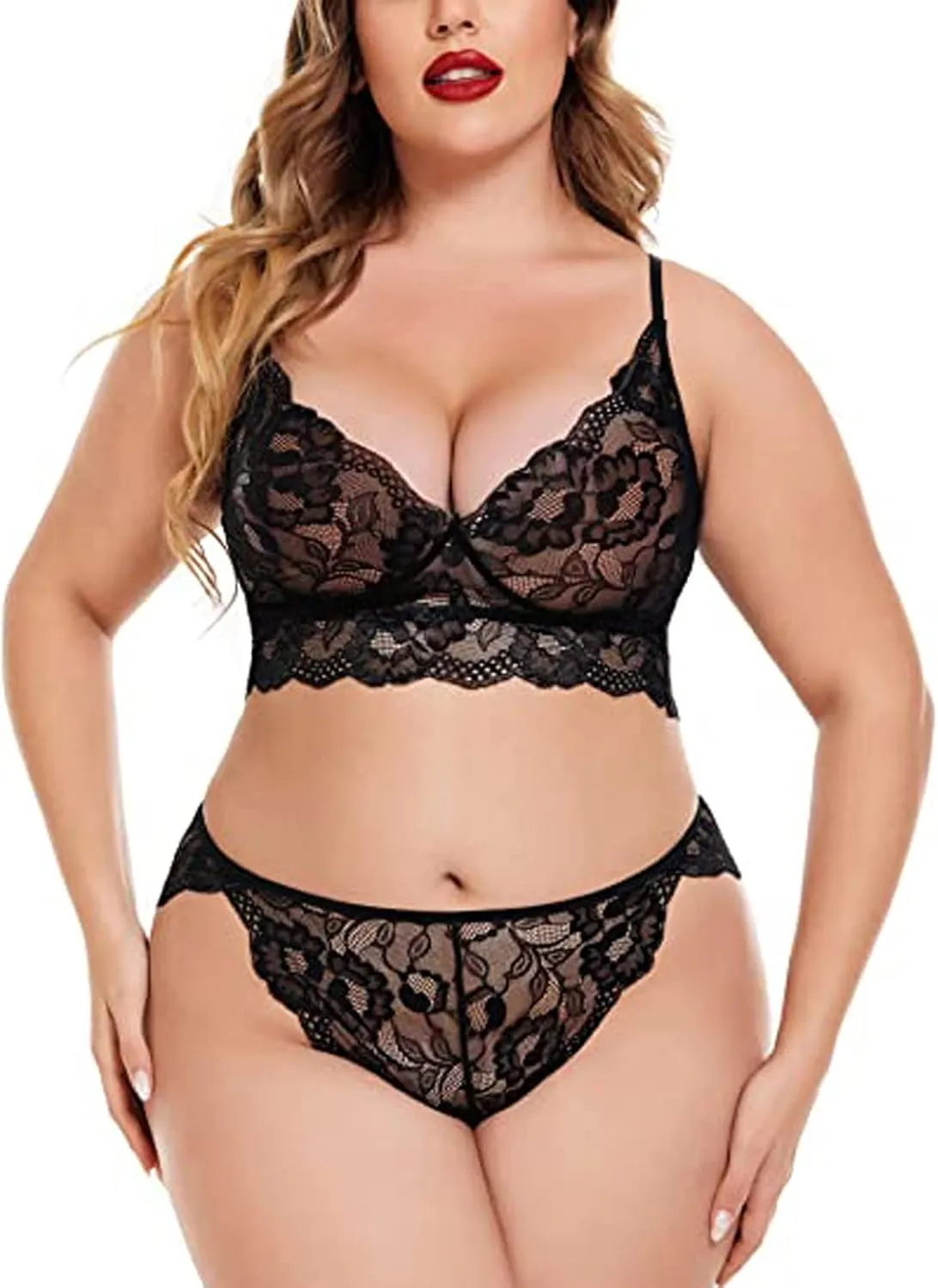 Women 2 Piece Lingerie Sexy Floral Lace Scallop Trim Bralette and High Waist Panty Set Solid Pajamas Chemise