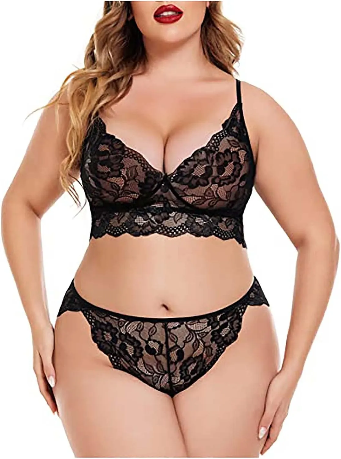 Women 2 Piece Lingerie Sexy Floral Lace Scallop Trim Bralette and High Waist Panty Set Solid Pajamas Chemise
